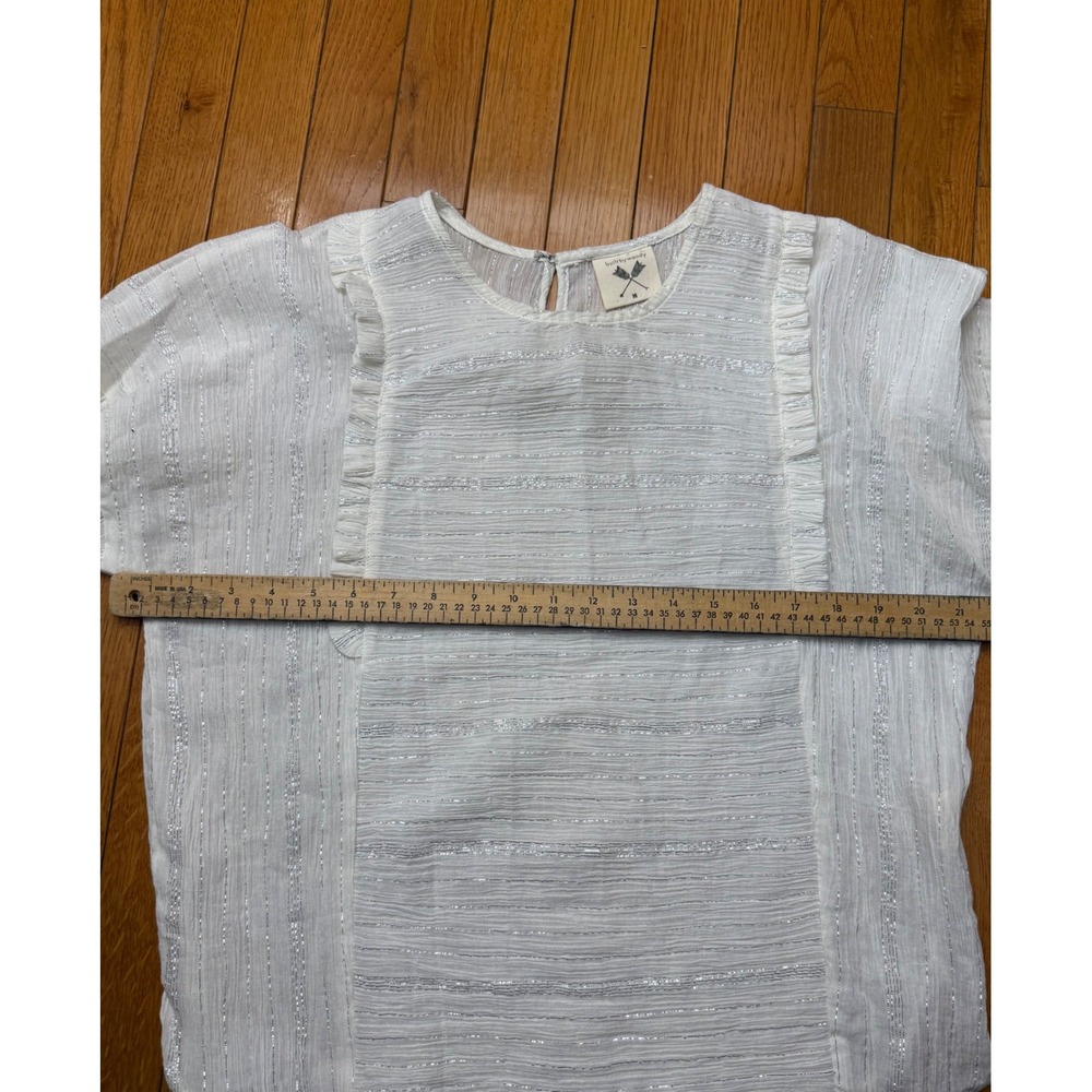 Built by Wendy White Cotton Gauze Ruffle Metallic Stripe Blouse Medium - Picture 8 of 10